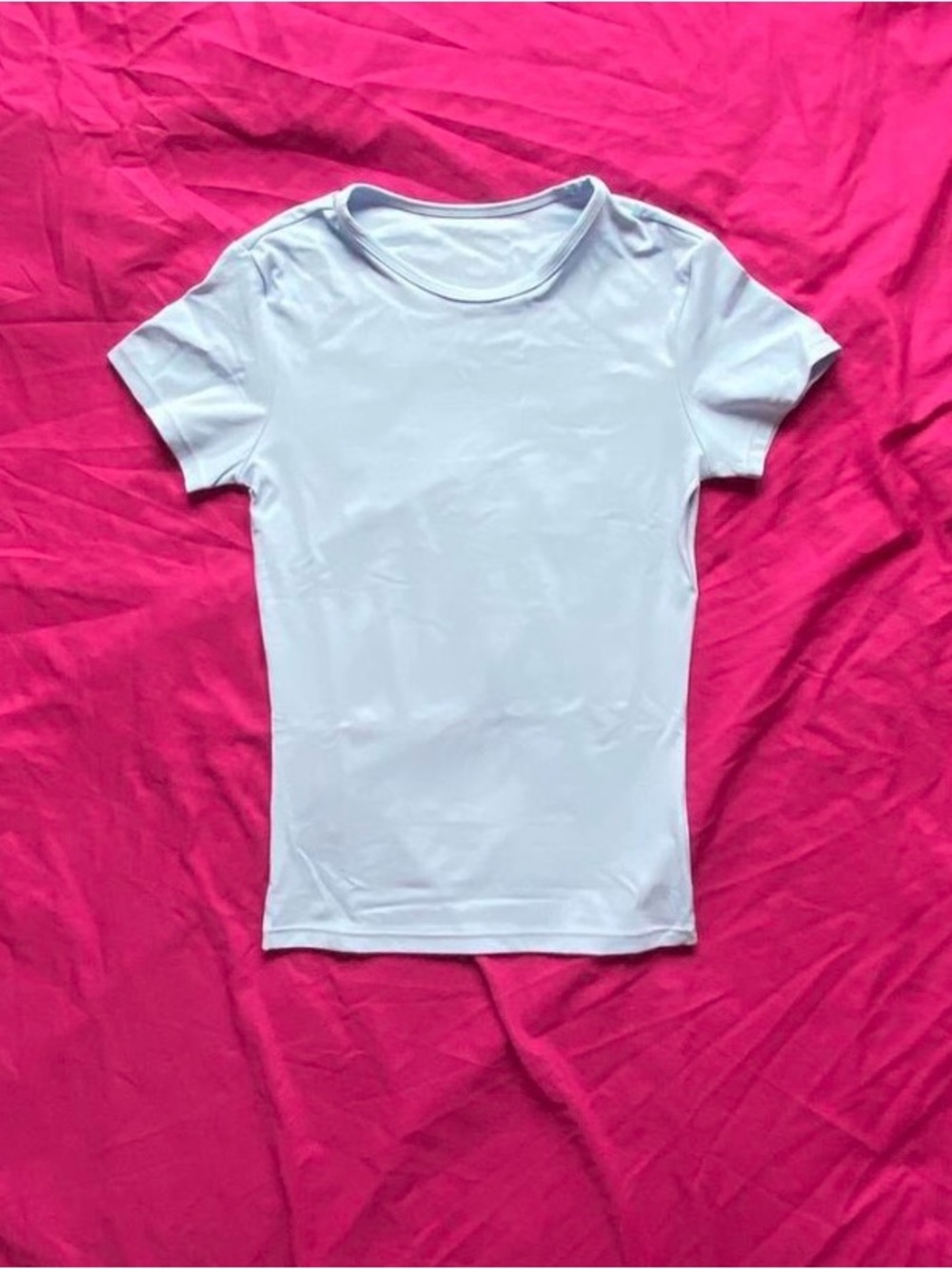Women Baby Blue Top White Short Sleeve Crew Neck Tee Spandex and Polyester
